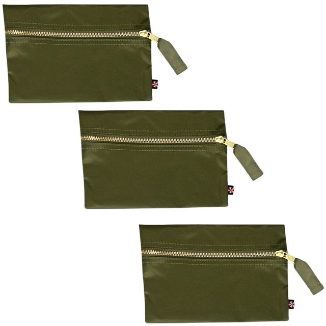 Cosmo Bag -- Flat Zip Pouch Olive Nylon Brass