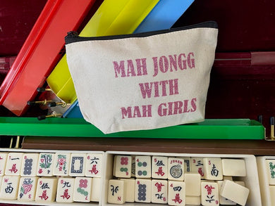 Mah Jongg Cosmetic Gusseted Beige Pouch -MAHJONGG WITH MAH GIRLS