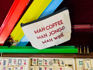 Mah Jongg Cosmetic 8" Gusseted Beige Pouch -MAH COFFEE MAH JONGG MAH WINE