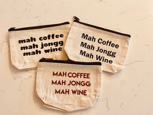 Mah Jongg Cosmetic 8" Gusseted Beige Pouch -MAH COFFEE MAH JONGG MAH WINE