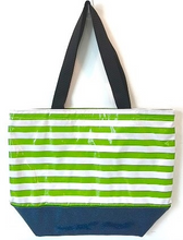 sarahjane oilcloth large zip top tote with glitter bottom lime stripe with blue glitter bottom