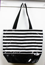 sarahjane oilcloth beach bag black stripe with black glitter bottom