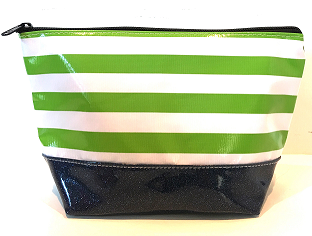sarahjane ellie glitter cosmetic case green stripe with black glitter bottom