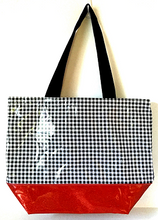 sarahjane oilcloth large glitter tote black gingham with red glitter bottom