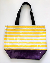 sarahjane oilcloth large zip top tote with glitter bottom yellow stripe tote purple glitter botteom