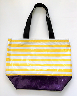sarahjane oilcloth large glitter tote yellow stripe with purple glitter bottom