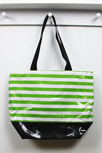 sarahjane oilcloth beach bag lime stripe with black glitter bottom