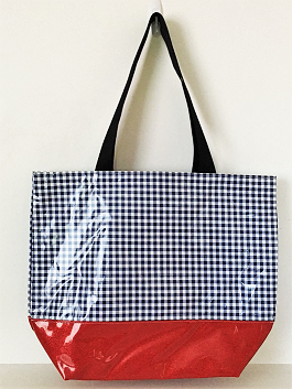 Sarahjane Oilcloth Beach Bag Navy Gingham With Red Glitter Bottom