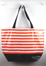 sarahjane oilcloth beach bag orange stripe with black glitter bottom