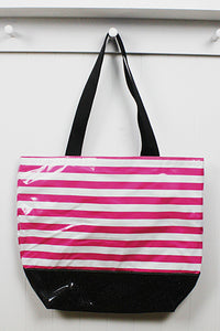 sarahjane oilcloth beach bag pink stripe with black glitter bottom
