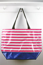 sarahjane oilcloth beach bag pink stripe with blue glitter bottom