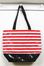 sarahjane oilcloth beach bag red stripe with black glitter bottom