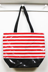 sarahjane oilcloth beach bag red stripe with black glitter bottom