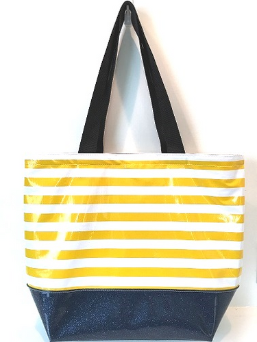 sarahjane oilcloth beach bag yellow stripe with black glitter bottom