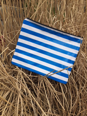 Sarah Jane Flat Zip Pouch Blue and White Stripe