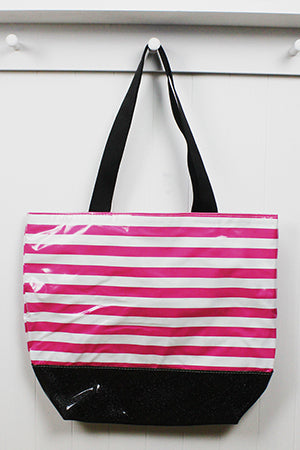 sarahjane oilcloth large glitter tote pink stripe with black