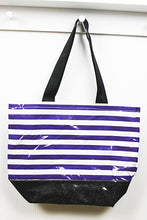 sarahjane oilcloth zip top tote with glitter bottom purple stripe with black glitter bottom