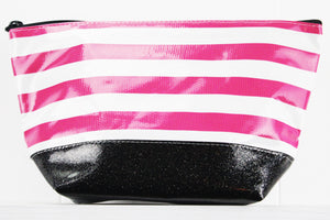 sarahjane ellie glitter cosmetic case pink stripe with black glitter bottom